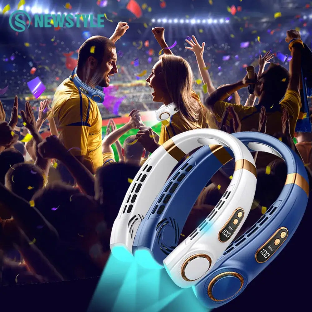 Modern blue & white neck cooling fan with colorful atmosphere lights
