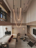Modern minimalist DecorBites™ leather belt chandelier with sleek curved LED strips for trendy DIY living room lighting