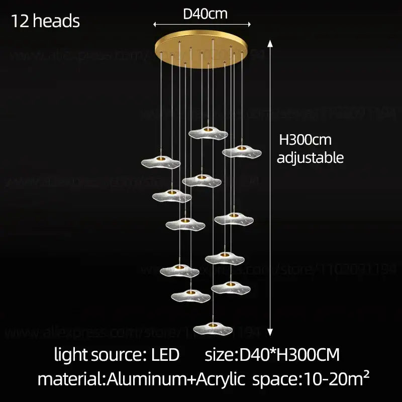 Modern led lotus leaf staircase chandelier for hotel lobby
