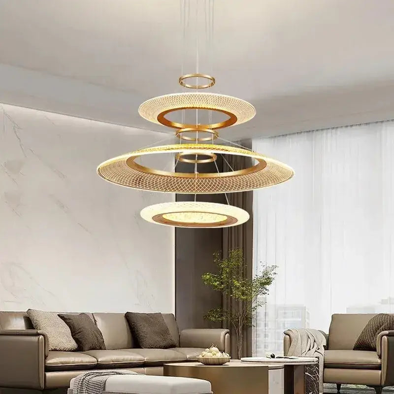 Modern gold & white mesh ring chandelier living room luxury lamp