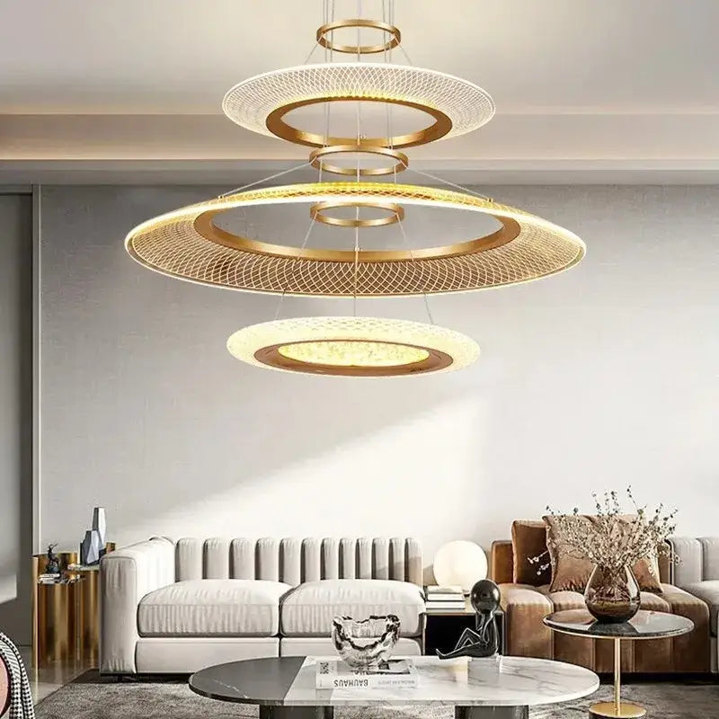Modern gold & white mesh ring chandelier living room luxury lamp