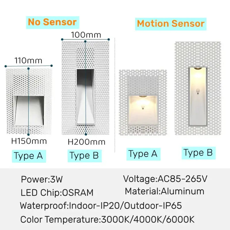 Modern silver square motion sensor wall lamp bedroom decor light