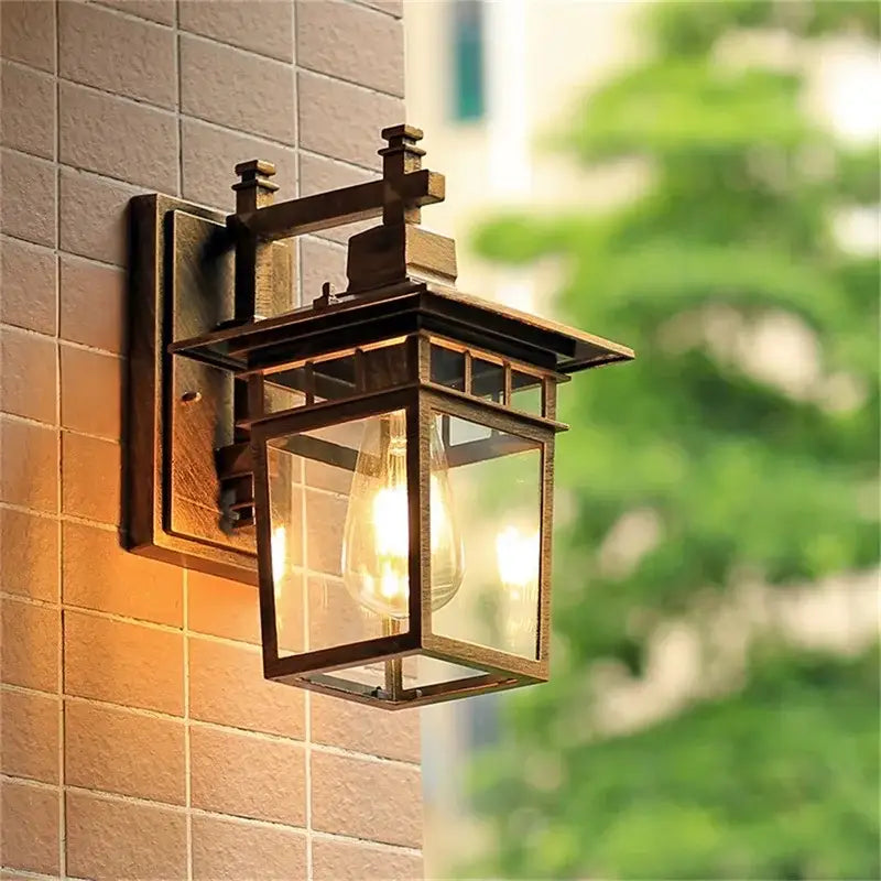 Retro black iron outdoor wall lamp clear glass lantern for patio