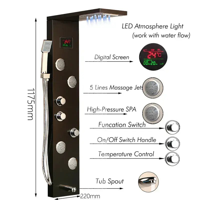 Modern chrome led panel bath faucet with massage spa jets bathroom