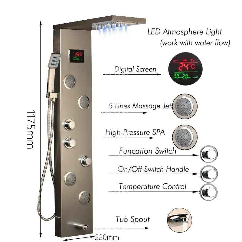 Modern chrome led panel bath faucet with massage spa jets bathroom