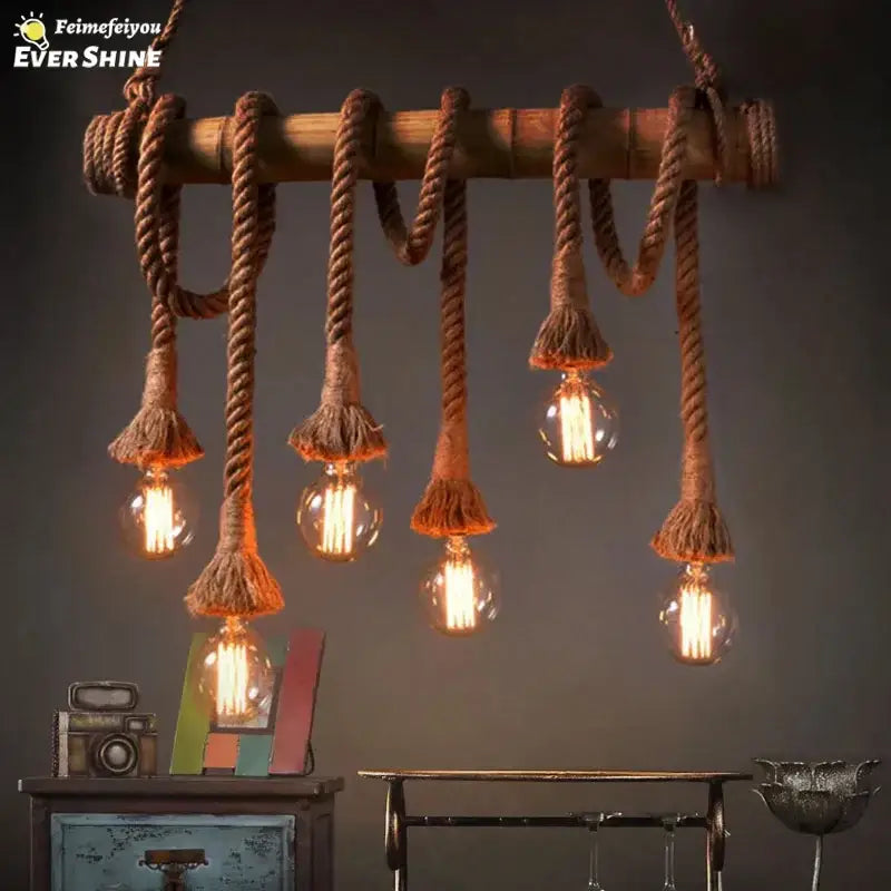 Rustic industrial wood and retro hemp rope pendant light dining room