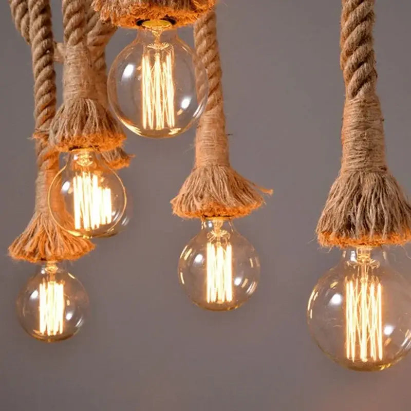 Rustic industrial wood and retro hemp rope pendant light dining room