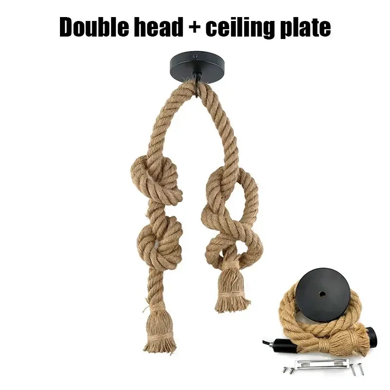 Rustic industrial wood and retro hemp rope pendant light dining room