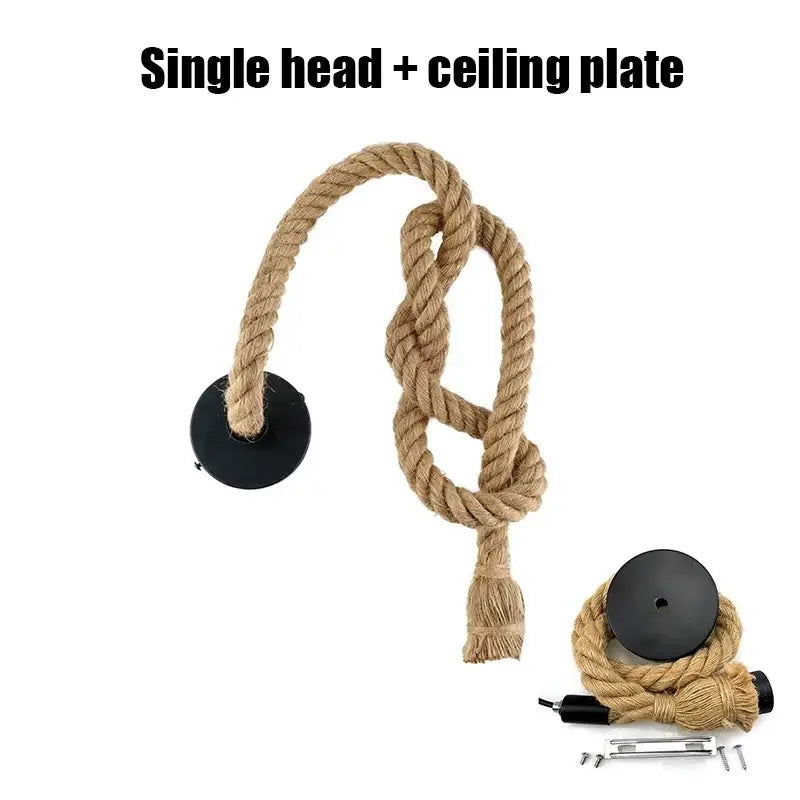 Rustic industrial wood and retro hemp rope pendant light dining room