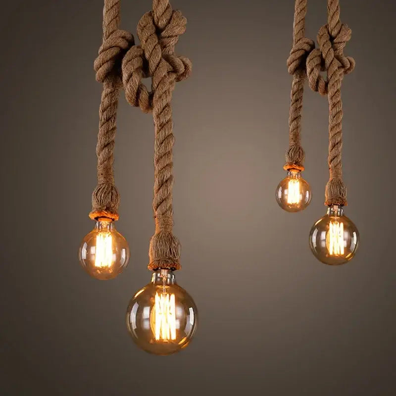 Rustic industrial wood and retro hemp rope pendant light dining room
