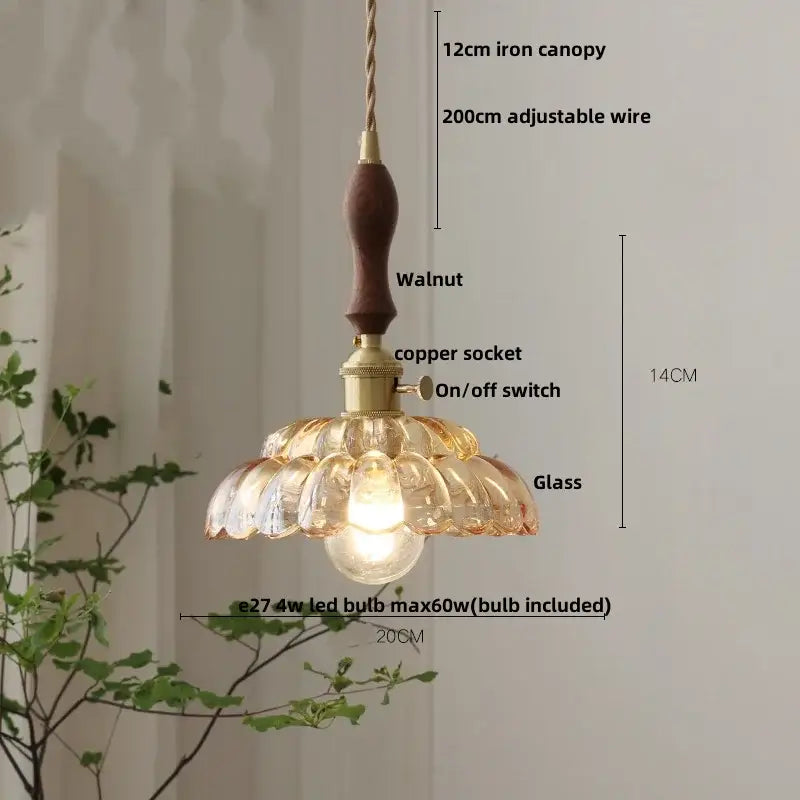 Mid century green glass and walnut led pendant lamp dining room