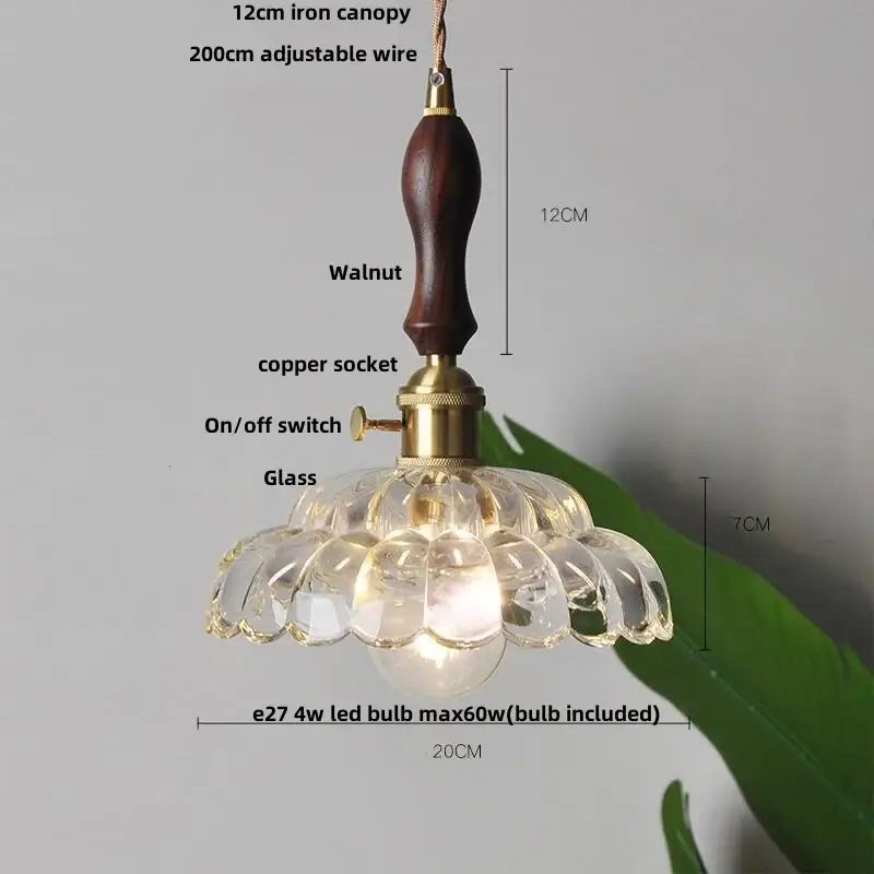 Mid century green glass and walnut led pendant lamp dining room