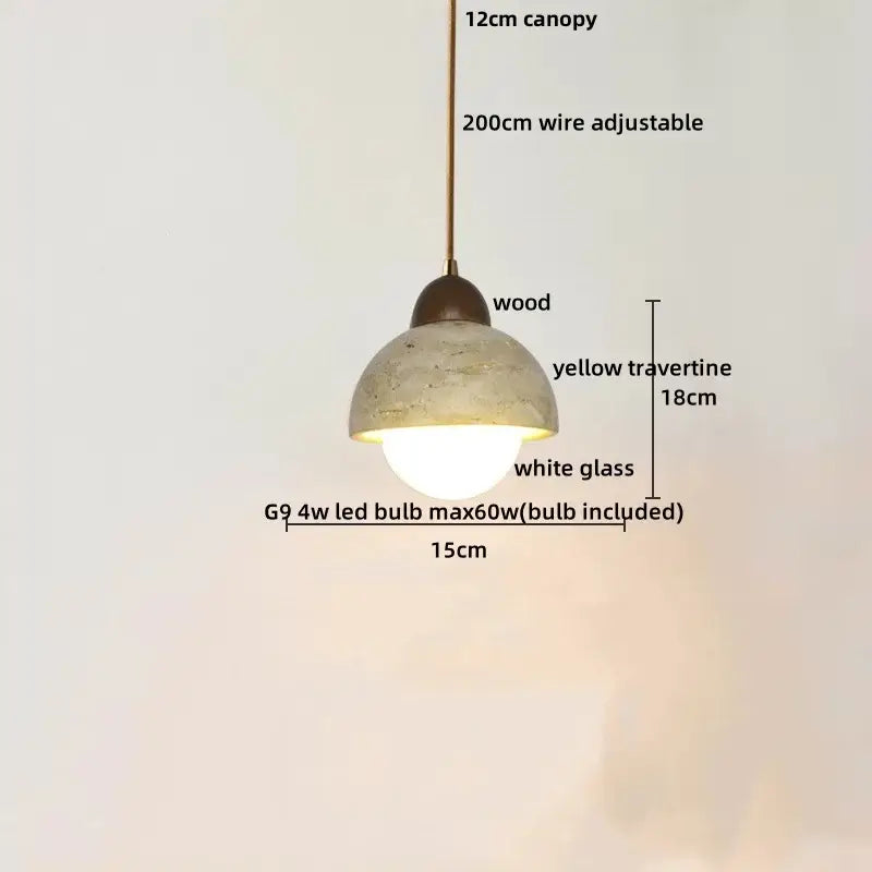 Nordic yellow travertine stone and wood pendant light dining room