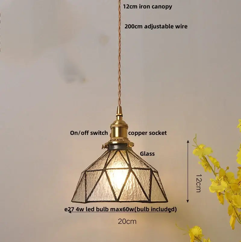 Vintage brass and textured glass pendant light fixture dining room