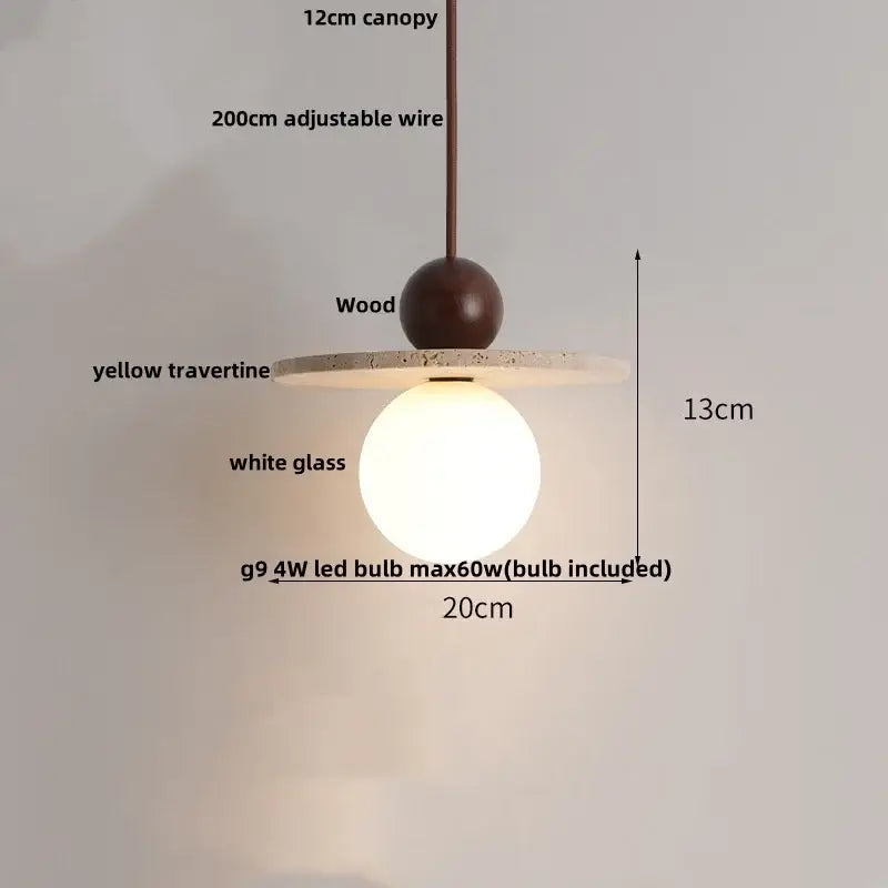 Wabi sabi beige stone and wood led pendant light dining room
