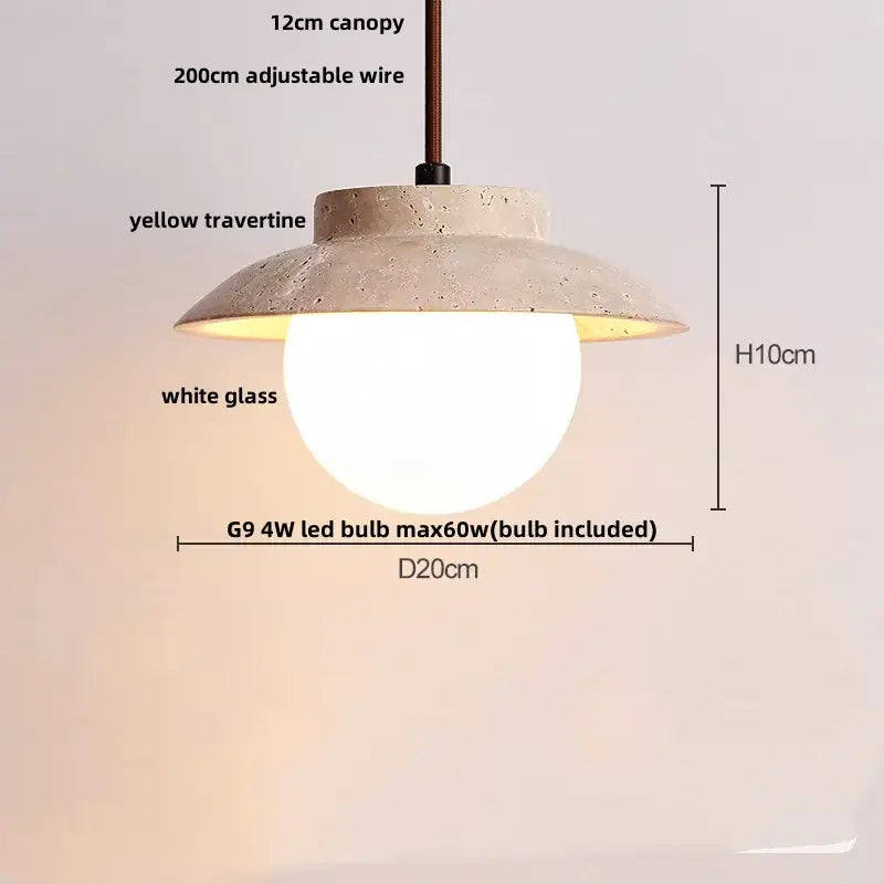 Wabi sabi beige stone and wood led pendant light dining room