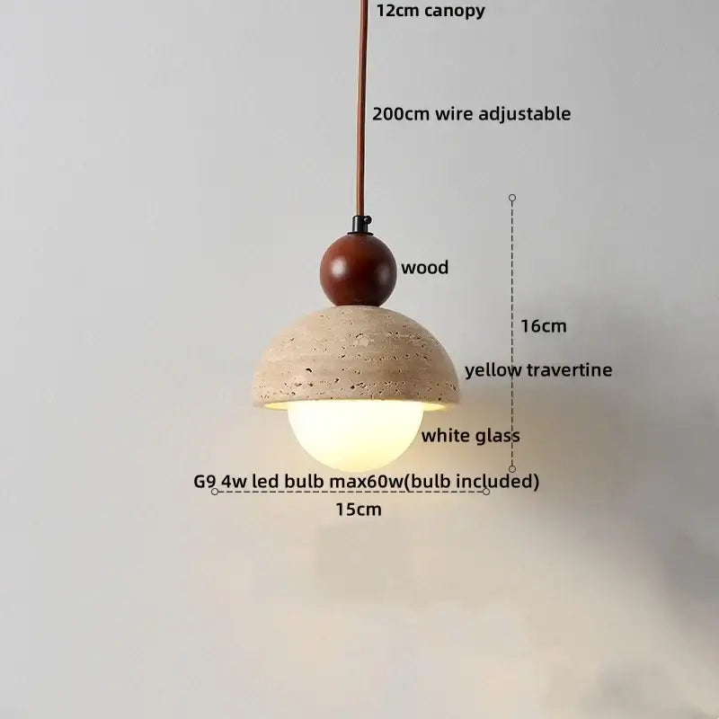 Wabi sabi beige stone and wood led pendant light dining room