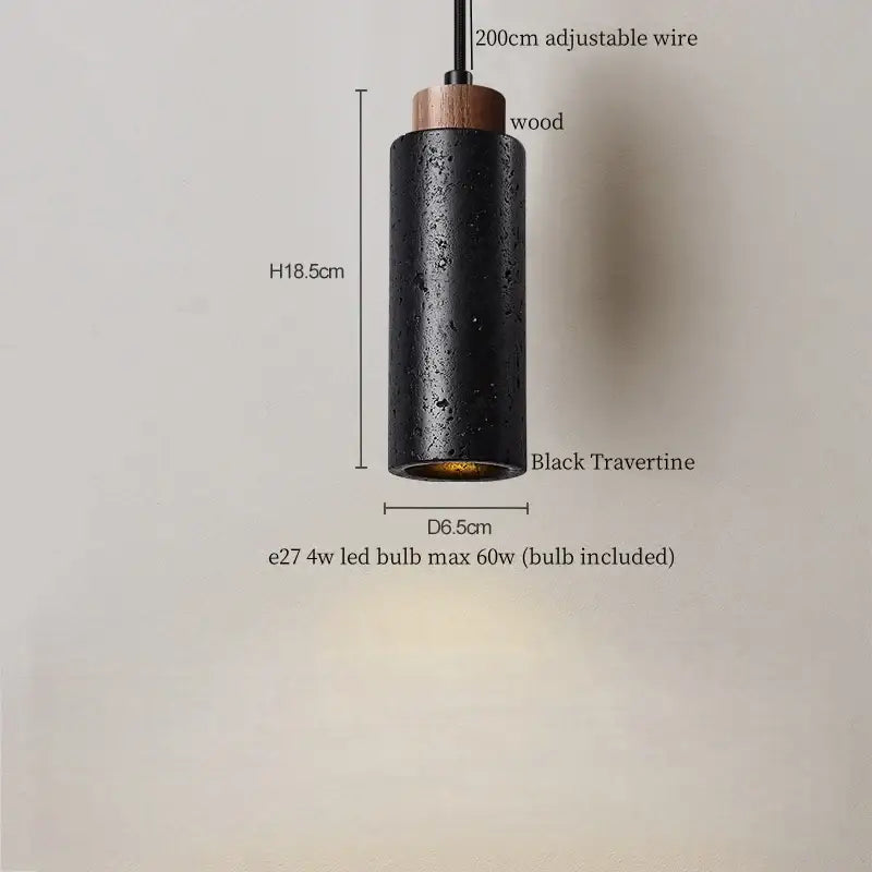 Black travertine cylindrical pendant light for dining room