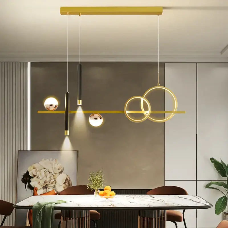 ثريا المطبخ بتصميم هندسي حديث بإضاءة LED باللونين الأسود والذهبي