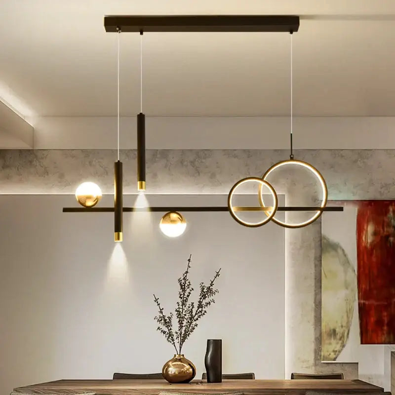 ثريا المطبخ بتصميم هندسي حديث بإضاءة LED باللونين الأسود والذهبي