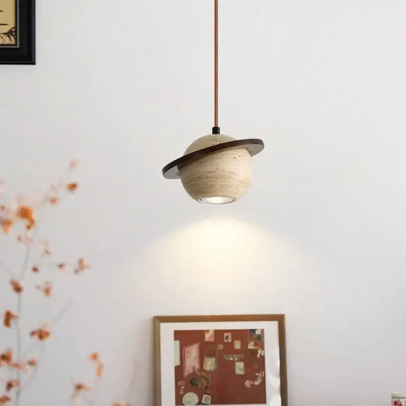 Beige stone and dark wood planet led pendant light bedroom