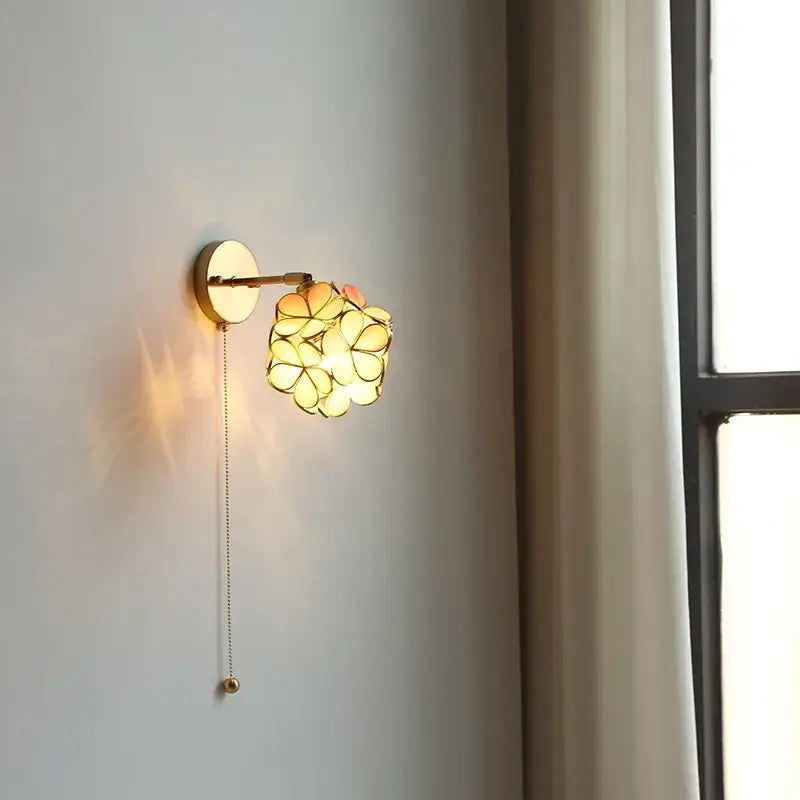 Pink cherry blossom led petal wall sconce bedroom pull chain light