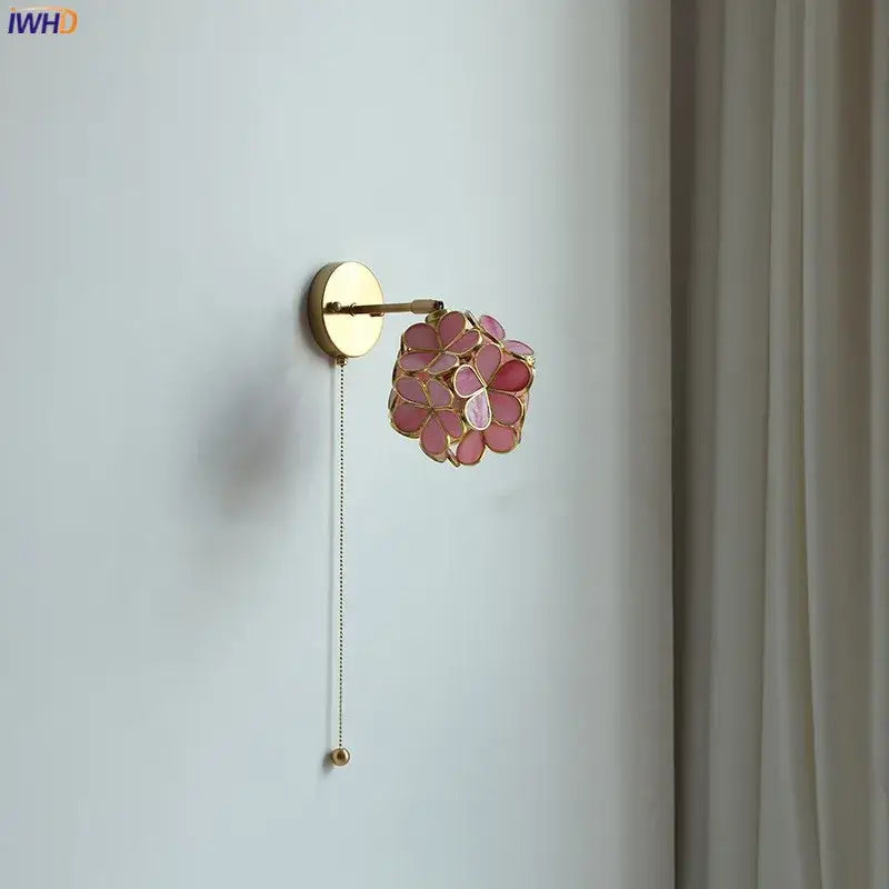 Pink cherry blossom led petal wall sconce bedroom pull chain light
