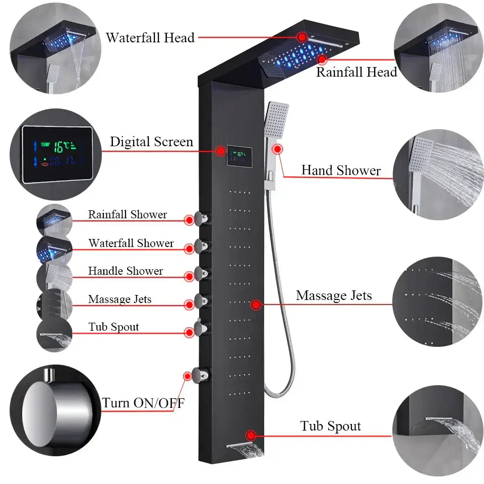 DecorBites™ LED Rainfall Shower Panel Set with Temperature Screen and Hand Sprayer