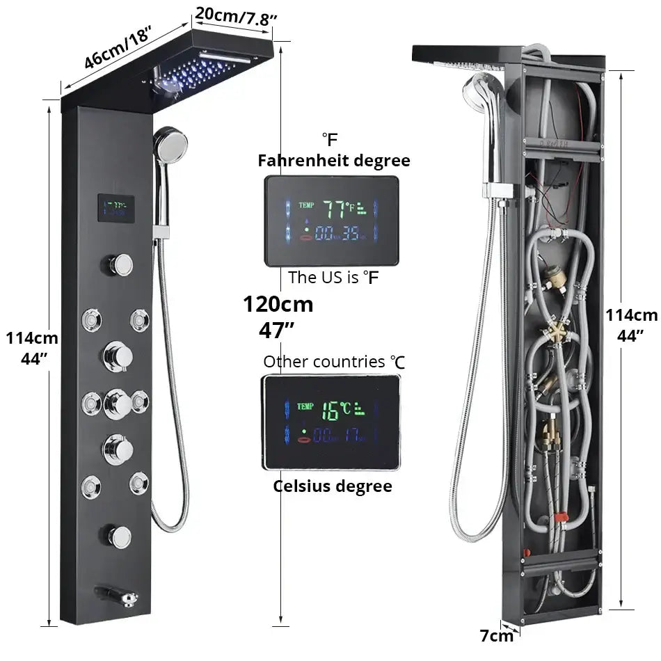 DecorBites™ LED Rainfall Shower Panel System with Temperature Screen & Massage SPA