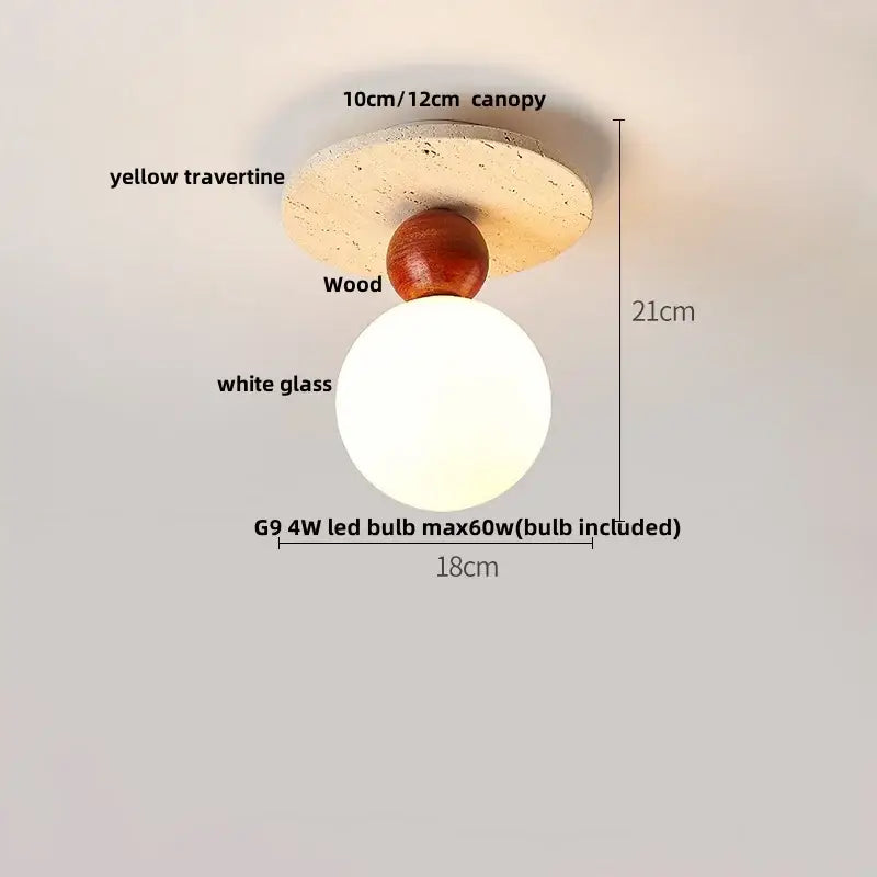 DecorBites™ LED Rotatable Ceiling Lamp White Glass Yellow Travertine Wood Nordic Modern