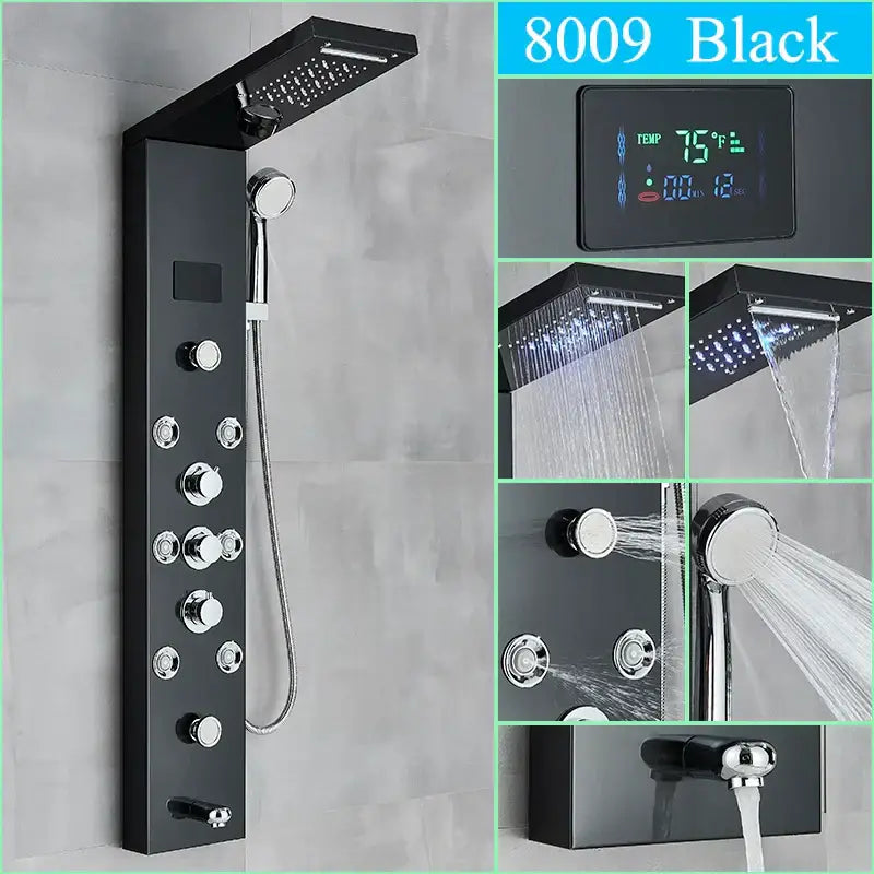 DecorBites™ LED Shower Panel Column Faucet with Rainfall Waterfall, Back Jet, Mixer Tap