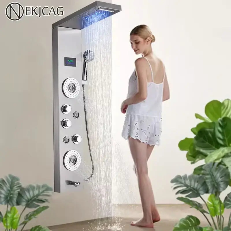DecorBites™ LED Shower Panel Column Faucet with Rainfall Waterfall, Back Jet, Mixer Tap