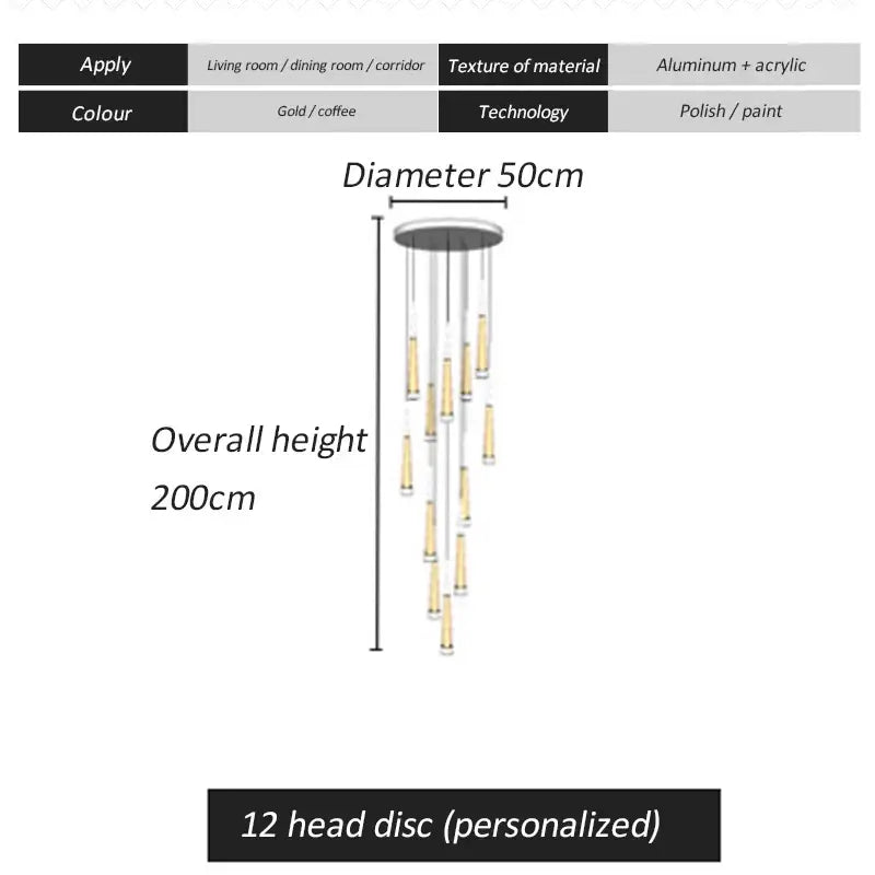 DecorBites™ LED Spiral Chandelier Black Chrome Gold Pendant Light Modern Stairwell Lighting