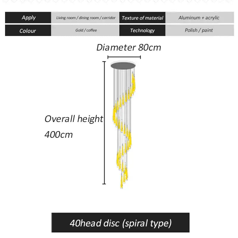 DecorBites™ LED Spiral Chandelier for Home, Black Chrome Gold Stairwell Lighting