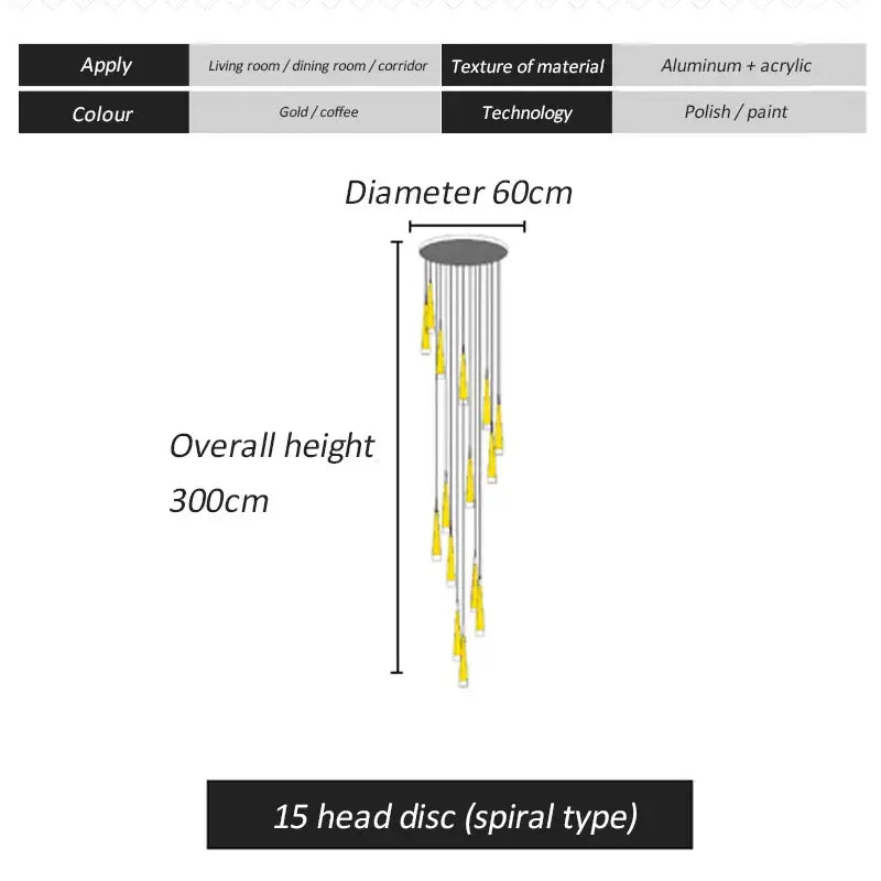 DecorBites™ LED Spiral Chandelier for Home, Black Chrome Gold Stairwell Lighting