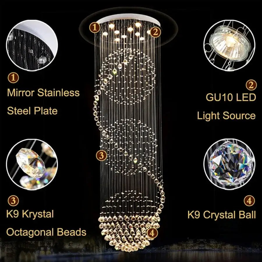 DecorBites™ LED Spiral Crystal Ball Chandelier for Staircase | Modern Indoor Hanging Light Fixture