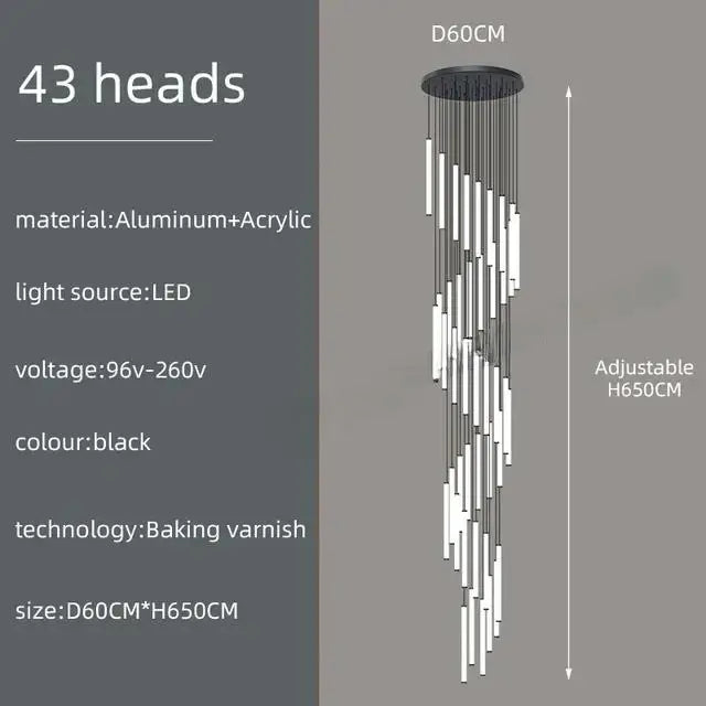 Black modern aluminum and acrylic led spiral staircase chandelier with 43 light heads for home decoration by DecorBites