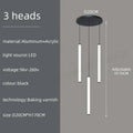 Black modern DecorBites™ led spiral staircase chandelier with three vertical led bars and circular aluminum base