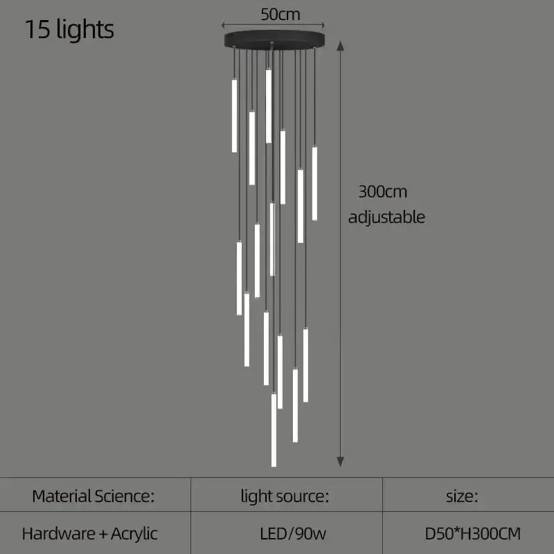 Modern black pendant led spiral staircase chandelier with 15 adjustable white acrylic rods for home lighting