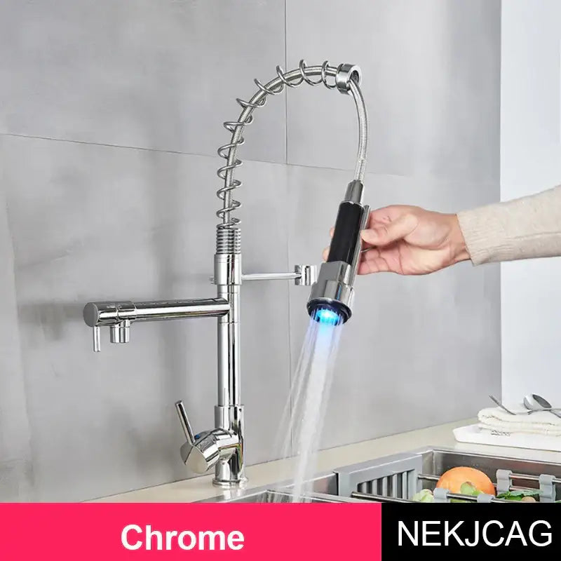 DecorBites™ LED Spring Kitchen Faucet: Dual Swivel Spout, Pull Down, Hot Cold Mixer Tap