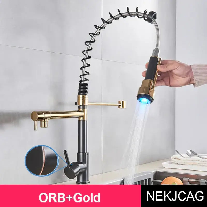 DecorBites™ LED Spring Kitchen Faucet: Dual Swivel Spout, Pull Down, Hot Cold Mixer Tap