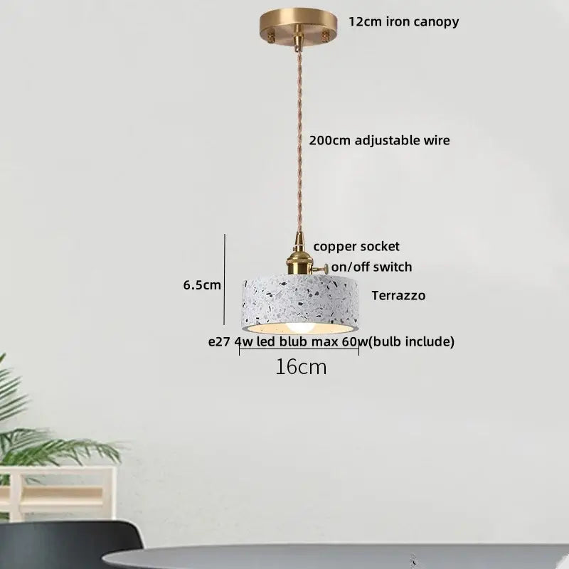 DecorBites™ LED Terrazzo Pendant Lamp White Stone Wood Hanging Light
