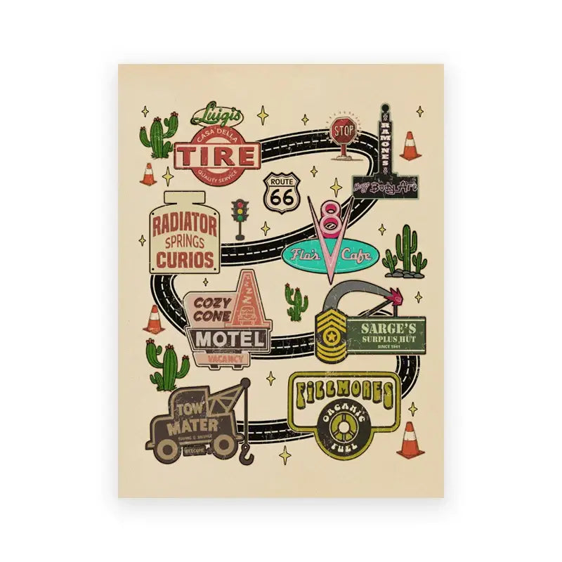 Beige rectangular art print featuring lightning mcqueen route 66 design with retro cars movie roadside icons