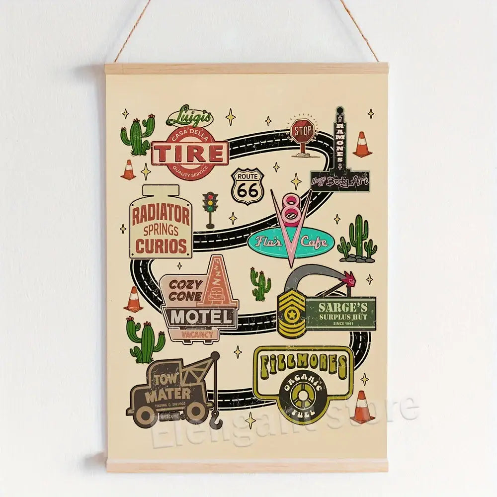 Beige wall hanging art print with vintage route 66 design featuring retro signs and classic americana for cars movie fans
