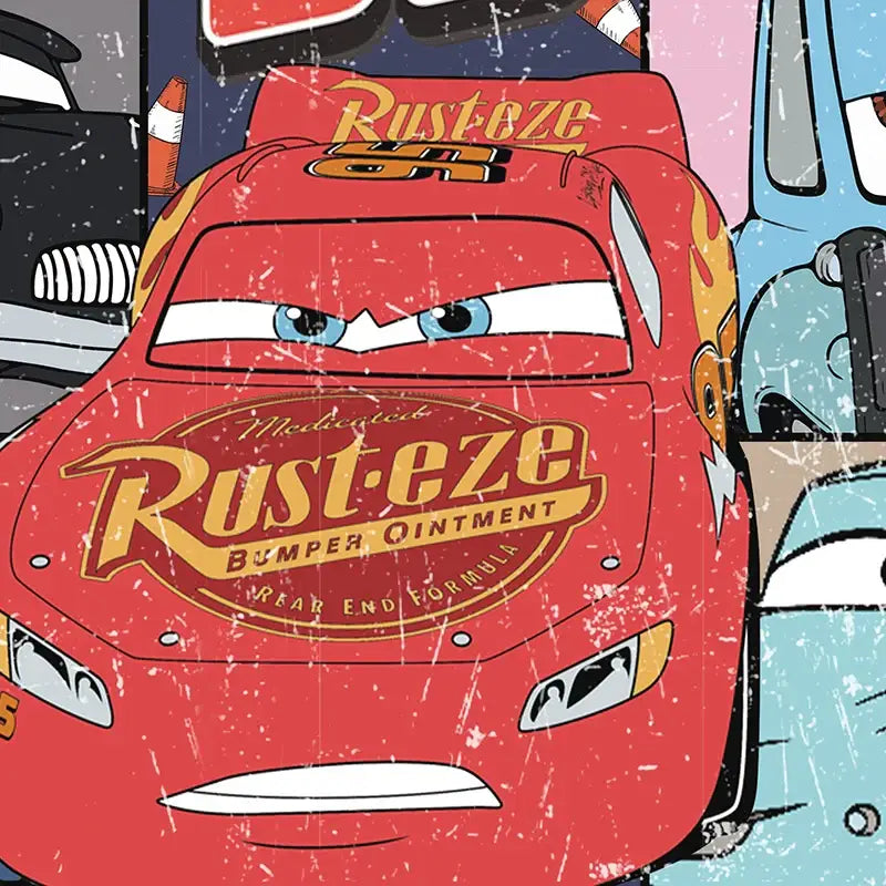 Red race car with blue eyes and vintage-style rust-eze logo on hood for lightning mcqueen cars movie art prints