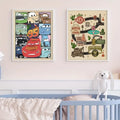 Two framed decorbites™ lightning mcqueen art prints featuring colorful cars movie and vintage route 66 graphics above a baby crib