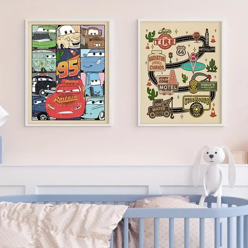 Two framed decorbites™ lightning mcqueen art prints featuring colorful cars movie and vintage route 66 graphics above a baby crib