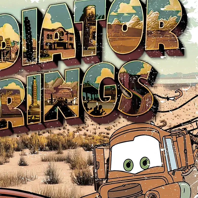 Brown animated truck with green eyes and vintage desert town design on radiator springs letters cartoon car art print