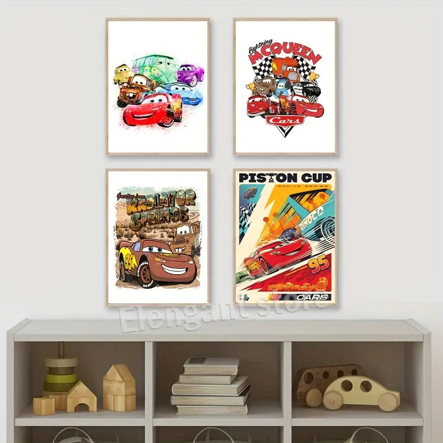 Four framed decorbites lightning mcqueen cartoon car art prints featuring vibrant watercolor and vintage racing designs