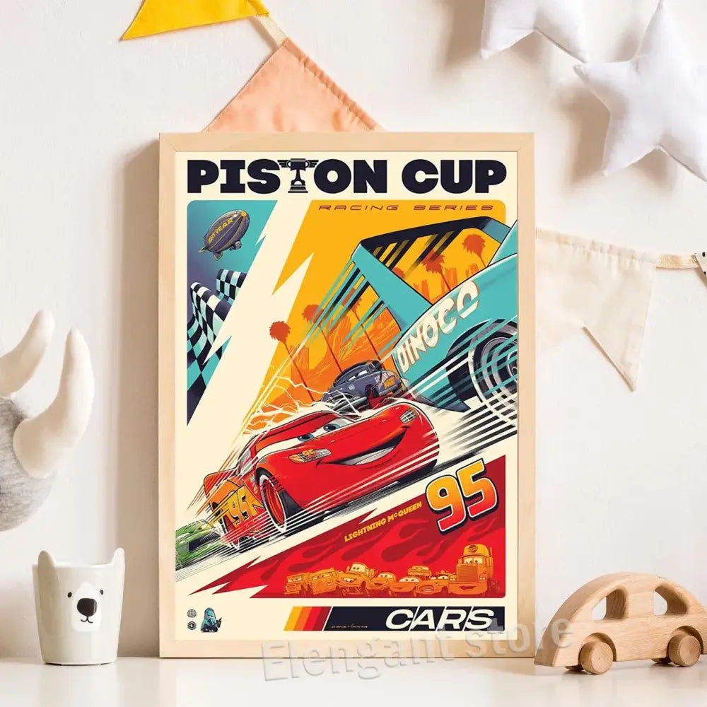 A vibrant red lightning mcqueen cartoon car art print featuring bold graphics and a dynamic race scene by decorbites